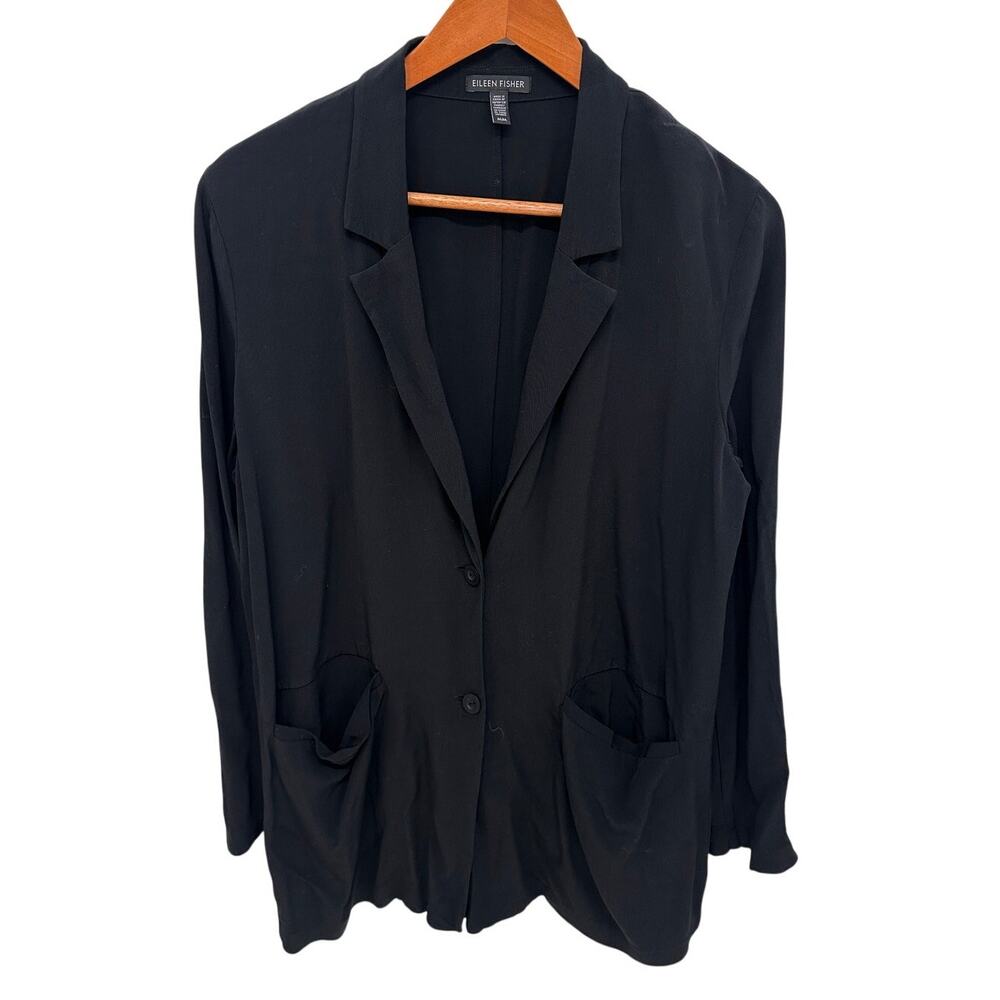 EILEEN FISHER Black Tencel Button Front Blazer // M
